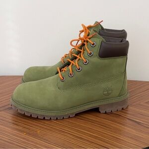 Timberland Olive Boots with Bright Orange Laces